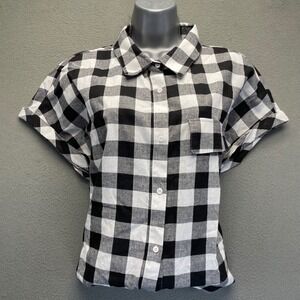 H&M Women Shirt Buffalo Plaid Black White XXXL Relaxed Short Sleeve Button Up